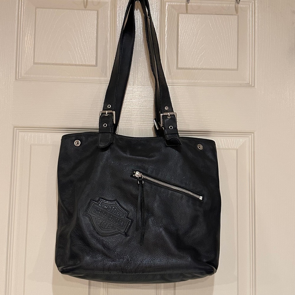 Harley-Davidson Black Leather Tote Bag Embossed Logo Biker Shoulder Bag